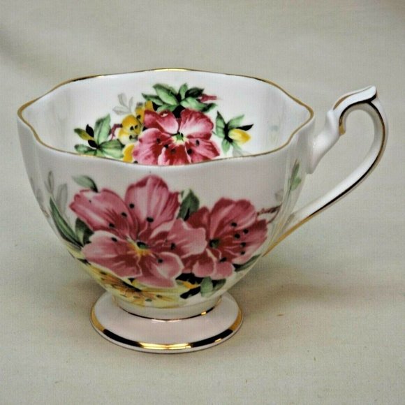 Queen Anne Fine Bone China England Pink & Yellow Azalea Footed Tea Cup & Saucer - Picture 9 of 14